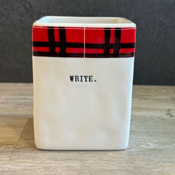 Rae Dunn WRITE Red Plaid Pencil Cup Office Organizer - Picture 1 of 8